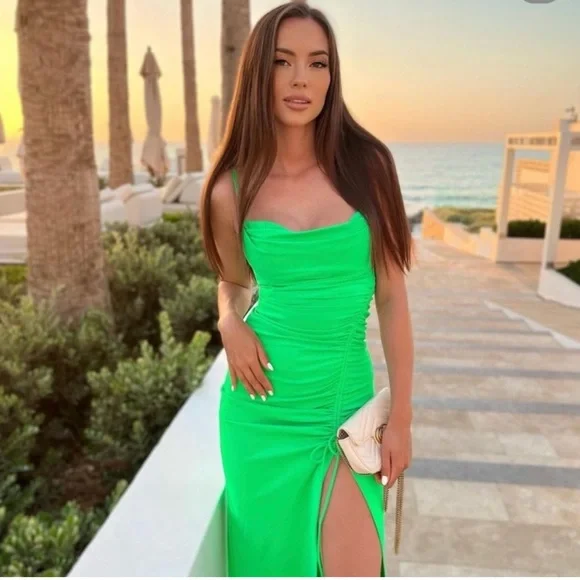 green emerald velvet dress Zara Green Rouched Dress  Chelle's Boutique